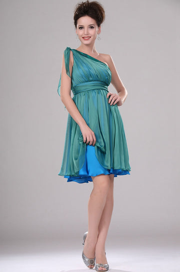 Dark Turquoise Velvet Chiffon A-line One Shoulder Short/Mini Bridesmaid Dress(UKBD03-366)