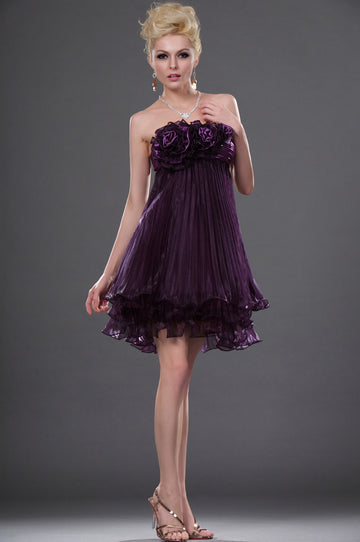 Grape Satin Chiffon A-line Strapless Short/Mini With Side Draping Bridesmaid Dress(UKBD03-399)