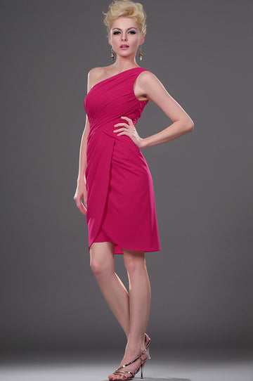 Peach Red Chiffon Sheath/Column One Shoulder Short/Mini With Draping Bridesmaid Dress(UKBD03-400)