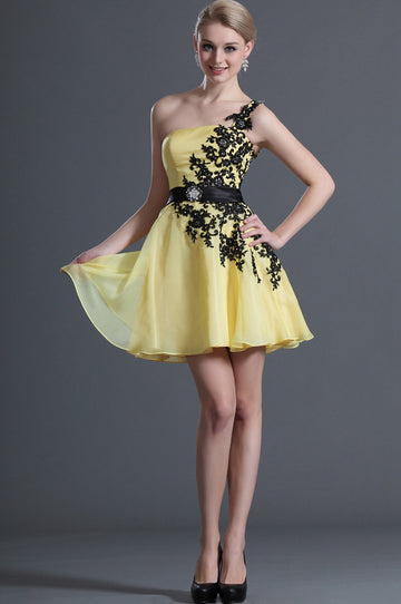 A-Line Yellow Chiffon One Shoulder Short/Mini With Appliques Bridesmaid Dress(UKBD03-411)