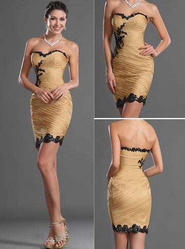 Gold Chiffon,Lace Sheath/Column Sweetheart Short/Mini With Appliques Bridesmaid Dress(UKBD03-419)