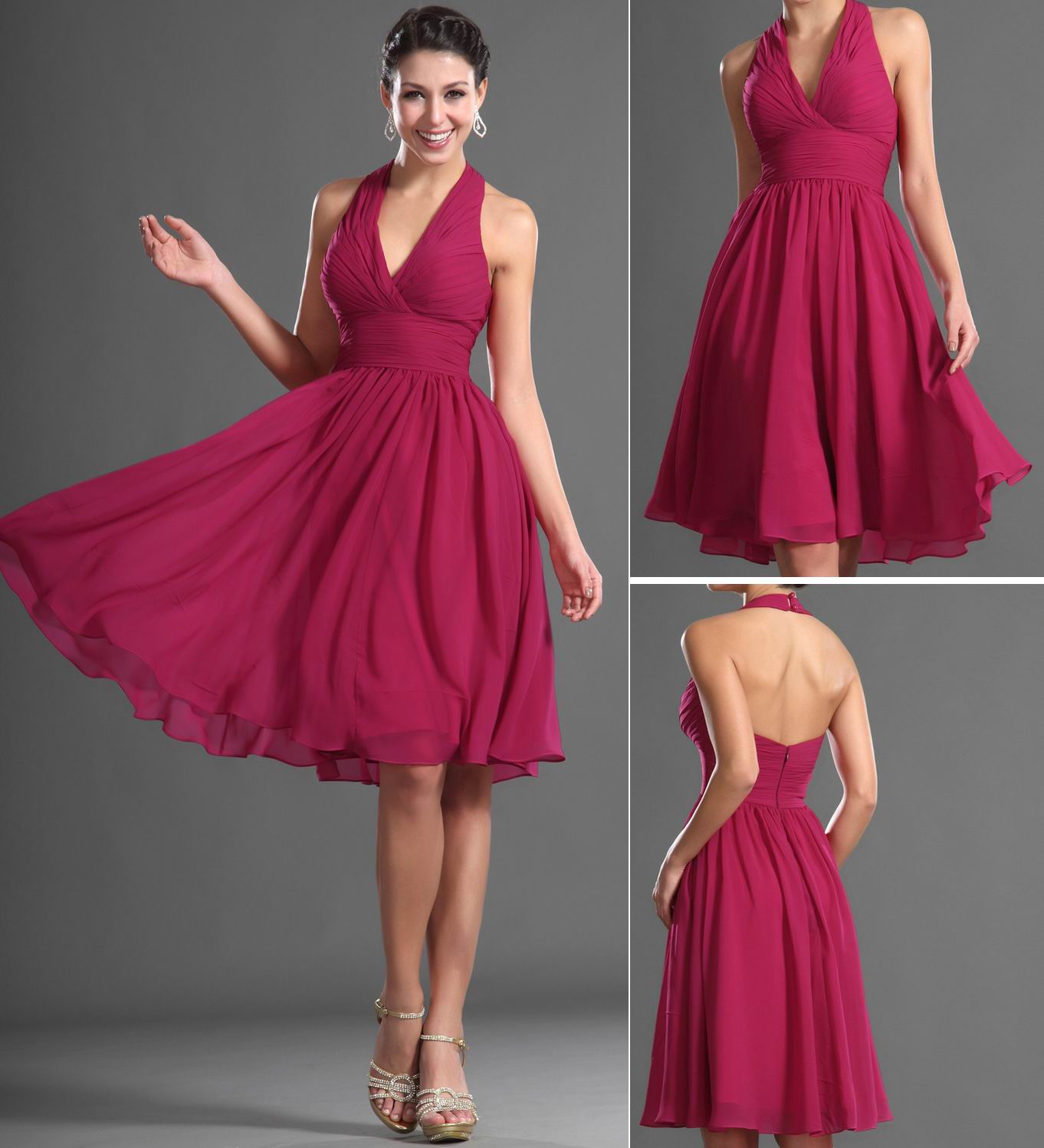Light Burgundy Chiffon A-line Halter Short/Mini With Draping Bridesmaid Dress(UKBD03-423)