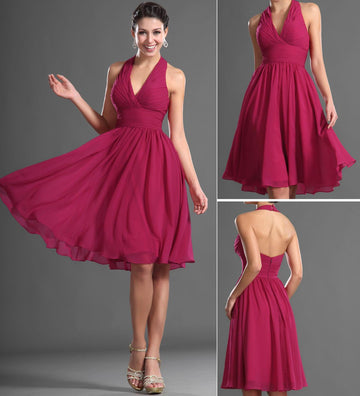 Light Burgundy Chiffon A-line Halter Short/Mini With Draping Bridesmaid Dress(UKBD03-423)