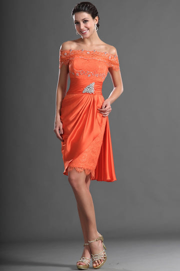 Orange Chiffon,Lace Sheath/Column Off The Shoulder Short/Mini With Beading Bridesmaid Dress(UKBD03-424)