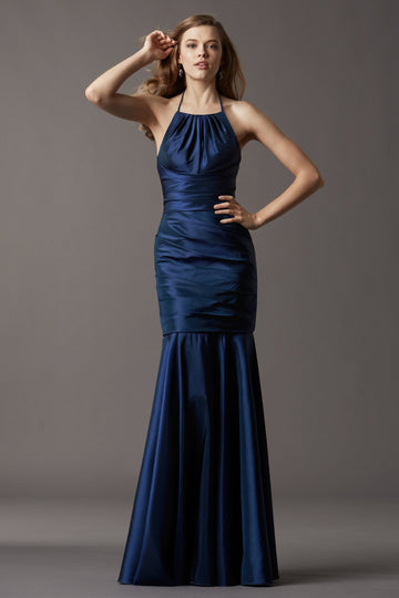 Navy Blue Taffeta Trumpet/Mermaid Halter Floor-length Vintage Bridesmaid Dress(BD768)