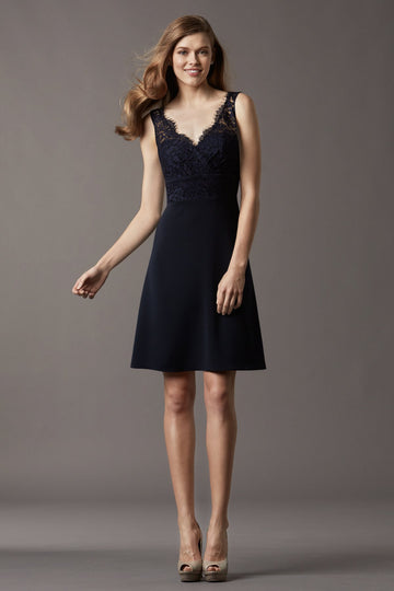 Black Satin , Lace A-line V-neck Short Bridesmaid Dress(BD772)