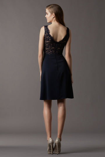 Black Satin , Lace A-line V-neck Short Bridesmaid Dress(BD772)