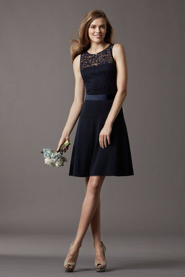 Black Satin , Lace A-line Scoop Short Bridesmaid Dress(BD773)