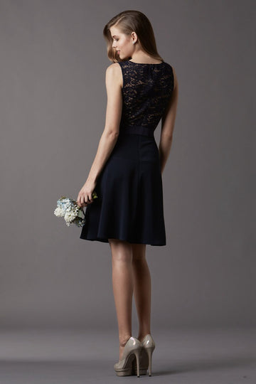 Black Satin , Lace A-line Scoop Short Bridesmaid Dress(BD773)