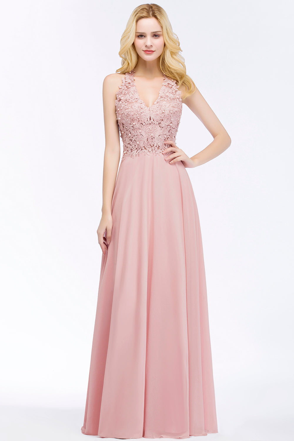 blue dress for baby girl BDCPS912 Pink V Neck Tall Discount Lace Bridesmaid Dress