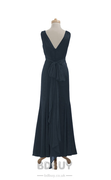 Satin Chiffon A Line Navy V-Neck Floor Length Bridesmaid Dress(BSD007)