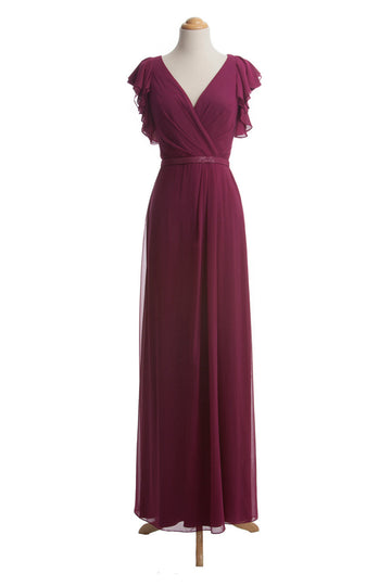 Chiffon A Line Maroon V-Neck Floor Length Bridesmaid Dress(BSD022)