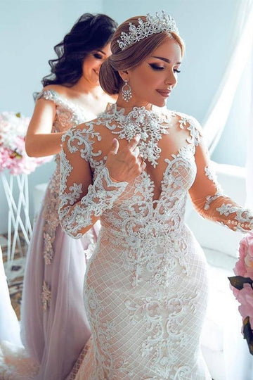 Mermaid Long Sleeve Tulle Beading Paillette Lace Wedding Dress BWD001