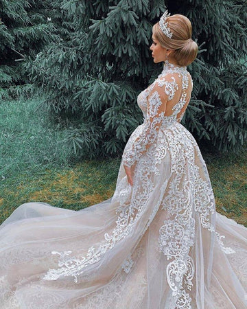 Mermaid Long Sleeve Tulle Beading Paillette Lace Wedding Dress BWD001