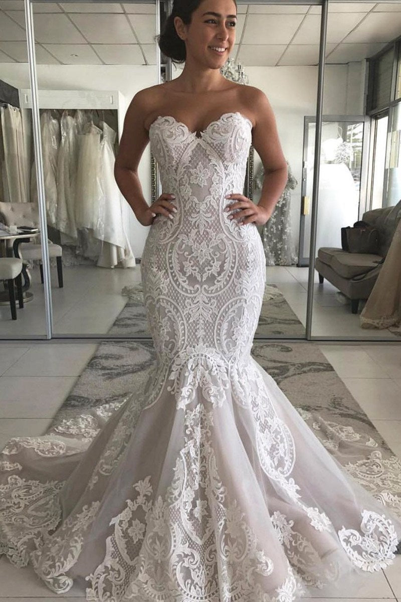 Mermaid Sweetheart Long Train Tulle Lace Applique Wedding Dress BWD002