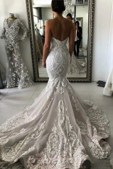 Mermaid Sweetheart Long Train Tulle Lace Applique Wedding Dress BWD002