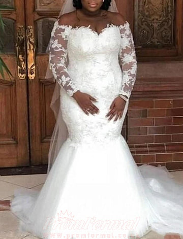 Plus Size Long Sleeve Lace Applique Mermaid Wedding Dresses BWD004