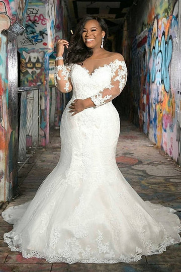 Plunging Neck Long Sleeve Lace Mermaid Wedding Dress BWD005