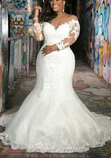 Plunging Neck Long Sleeve Lace Mermaid Wedding Dress BWD005