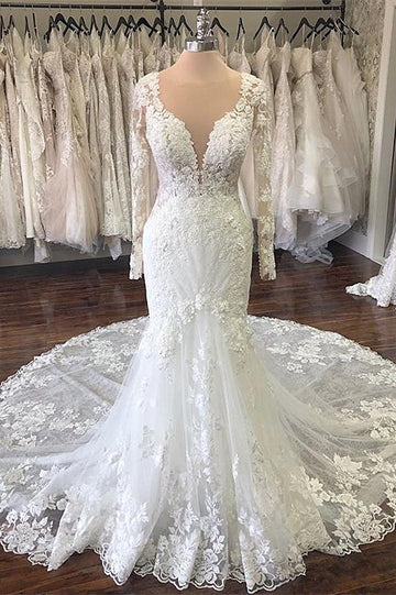 Lace Long sleeves Mermaid White Court Train Long Wedding Dress BWD006