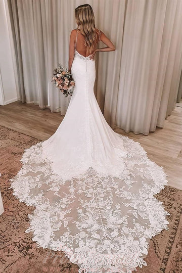 Mermaid Straps Lace V Neck Bridal Gowns With Long Train BWD008