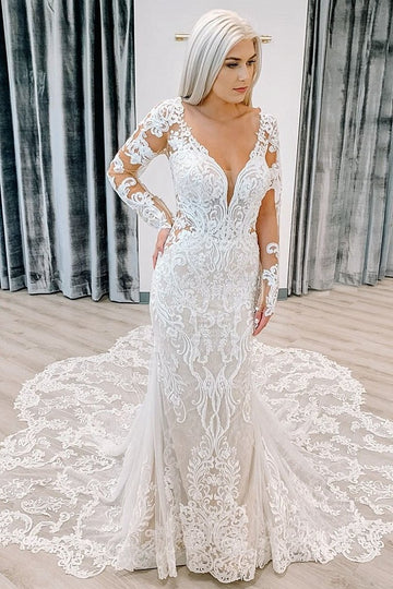 Long Sleeve Plunging Deep V Neck Lace Mermaid Wedding Dress BWD009