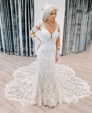 Long Sleeve Plunging Deep V Neck Lace Mermaid Wedding Dress BWD009