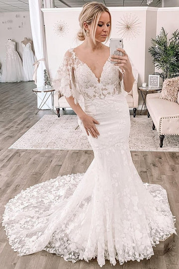 Mermaid V Neck Long Train Half Sleeve Lace Wedding Dress BWD010