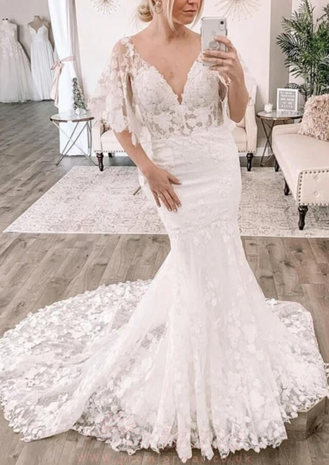 Plunging Neck Long Sleeve Lace Mermaid Wedding Dress BWD005