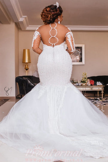 Luxury Long Sleeve Lace Plus Size Beading Mermaid Wedding Dress BWD011