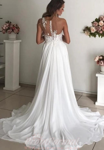 Simple Applique Pearls Summer Beach A Line Petite Brides Wedding Dress BWD018