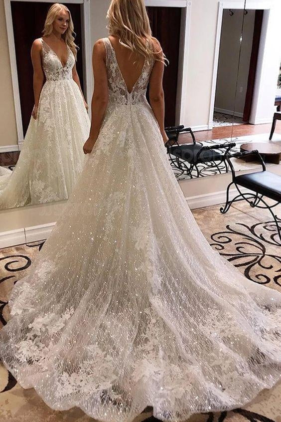 Sparkly Lace A Line Deep V Neck Open Back Lace Wedding Dress BWD021