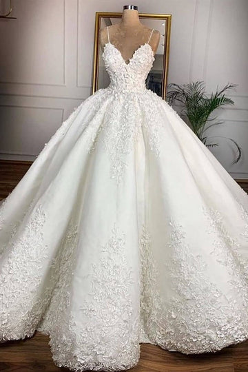 Luxury Lace 3D Floral Spaghetti Ball Gown Dubai Wedding Dress BWD026
