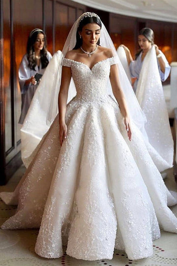 Chic Off-shoulder Floral Appliques Lace Ball Gown Wedding Dress BWD027