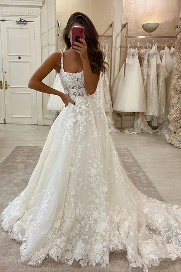 Lace Applique Flowers A Line Wedding Dresses Petite Brides BWD028