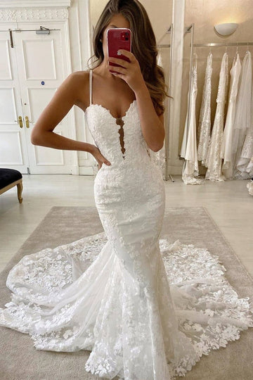 Mermaid Spaghetti Straps Deep V Neck Lace Wedding Dress Chapel Train BWD029