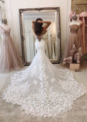 Mermaid Spaghetti Straps Deep V Neck Lace Wedding Dress Chapel Train BWD029