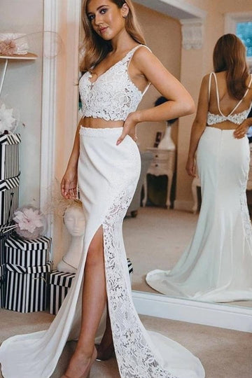 Mermaid Two Pieces V neck Long Slit Sexy Wedding Dress BWD030