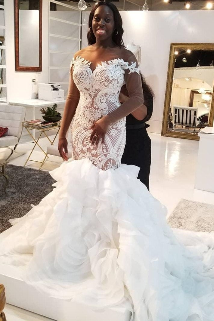 Illusion Long Sleeve Mermaid Plus Size Lace Ruffles Tiered Trumpet Wedding Dress BWD032