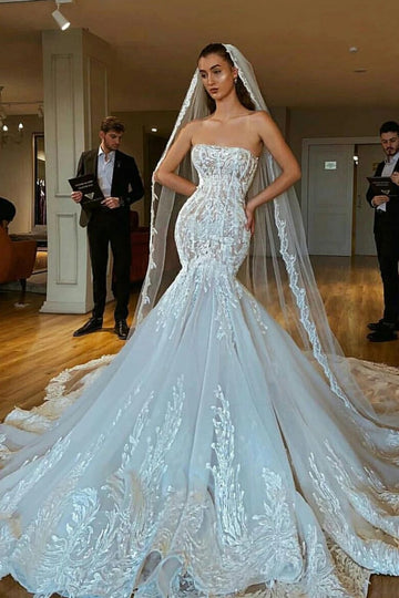 Luxury Slim Lace Mermaid Applique Straight Neckline Wedding Dress BWD034