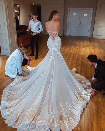 Luxury Slim Lace Mermaid Applique Straight Neckline Wedding Dress BWD034