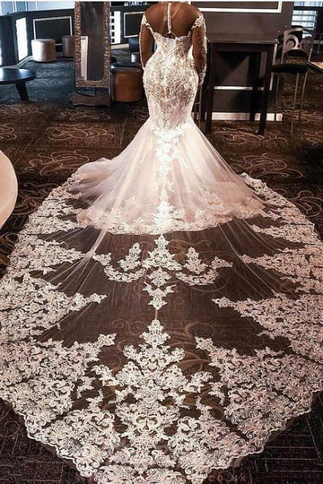 LuxuryLace Crystal Beaded Long Sleeve Mermaid African Lebanon Plus Size Wedding Gowns BWD035