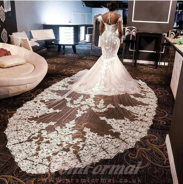 LuxuryLace Crystal Beaded Long Sleeve Mermaid African Lebanon Plus Size Wedding Gowns BWD035