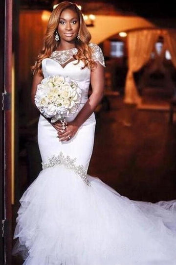 Luxury Lace Beading Long Tail Mermaid Plus Size Wedding dress for Black Women BWD036
