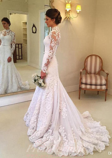 Charming Long Sleeves Lace Mermaid High Neck Dubai Wedding Gowns Petite Brides BWD043