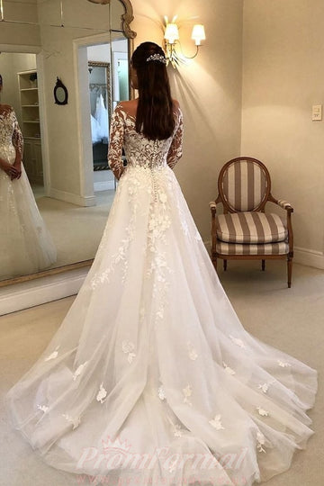 Flowy Long Sleeves A-line Bridal Gown with Floral Embroidery Lace BWD044