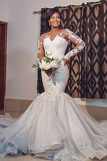 Long Sleeve Lace Plus Size Mermaid Wedding Gown BWD045