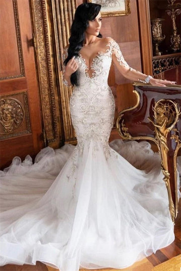 Plus Size Mermaid Beads Long Sleeves Sexy Deep V Neck Mermaid Wedding Dress BWD046