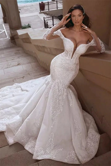 Mermaid Long Sleeve Train Deep V Neck Beading White Wedding Dresses BWD047