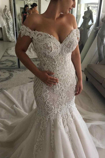 Off Shoulder Dubai Mermaid Luxurious Beaded Pearls Chapel Garden Bridal Gown BWD048